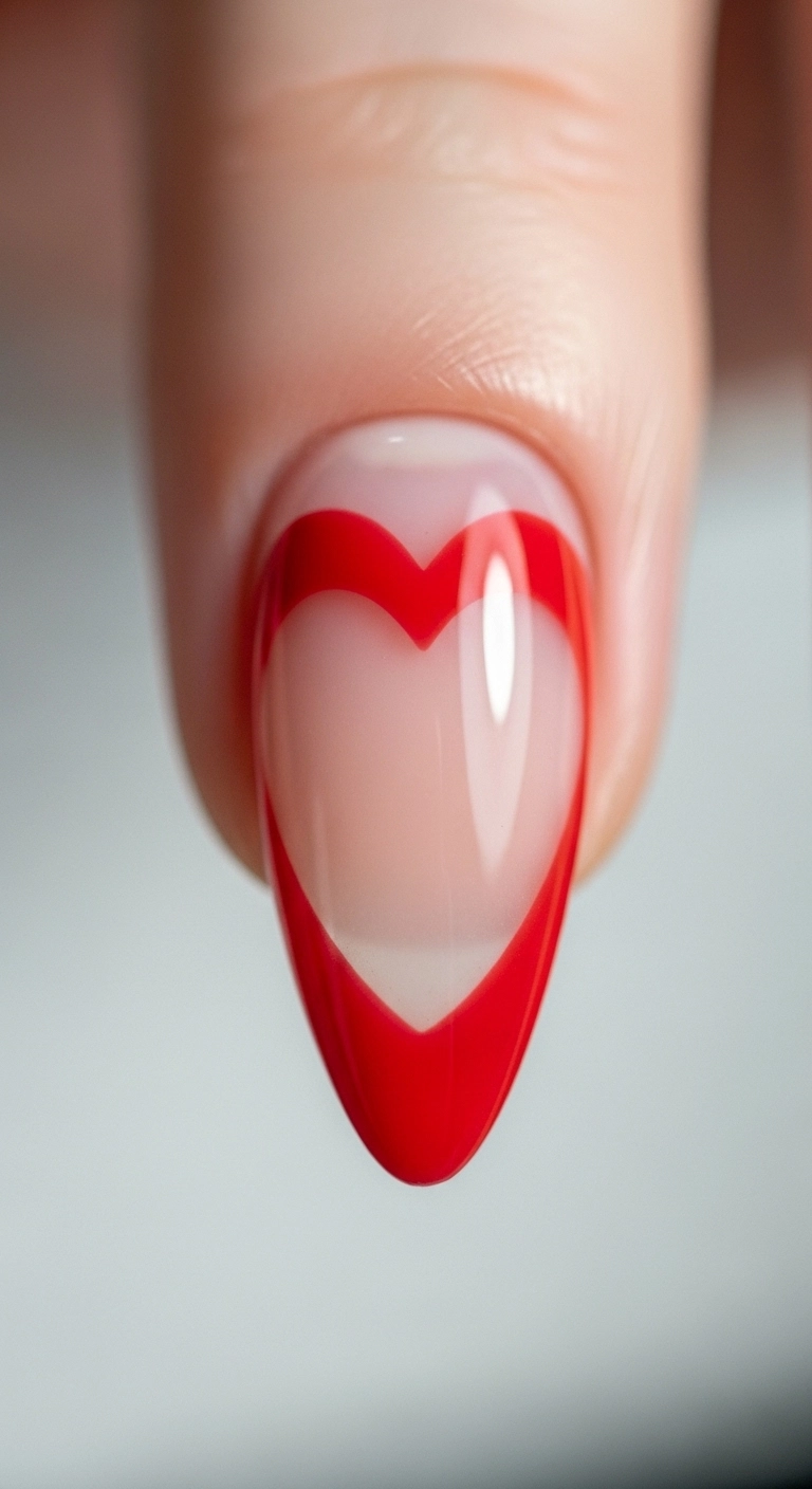 A macro shot of a nude almond nail with a red French tip shaped like a heart.