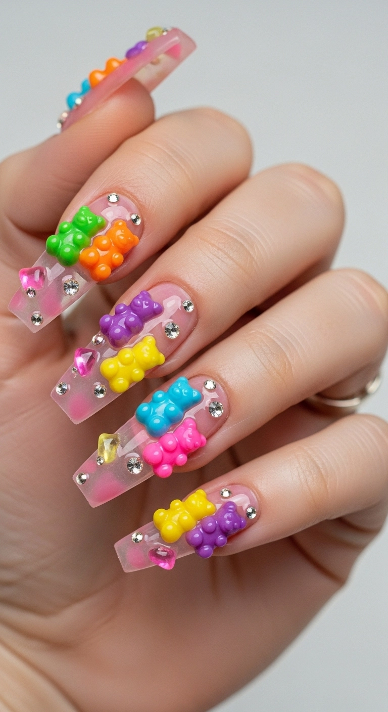 A hand with long, glossy pink nails, adorned with colorful 3D gummy bear charms.