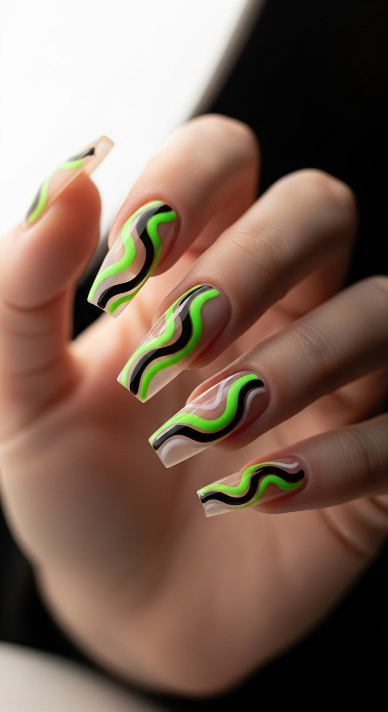 A close-up of a nude coffin nail with bold, abstract, curving lines of neon green and black.