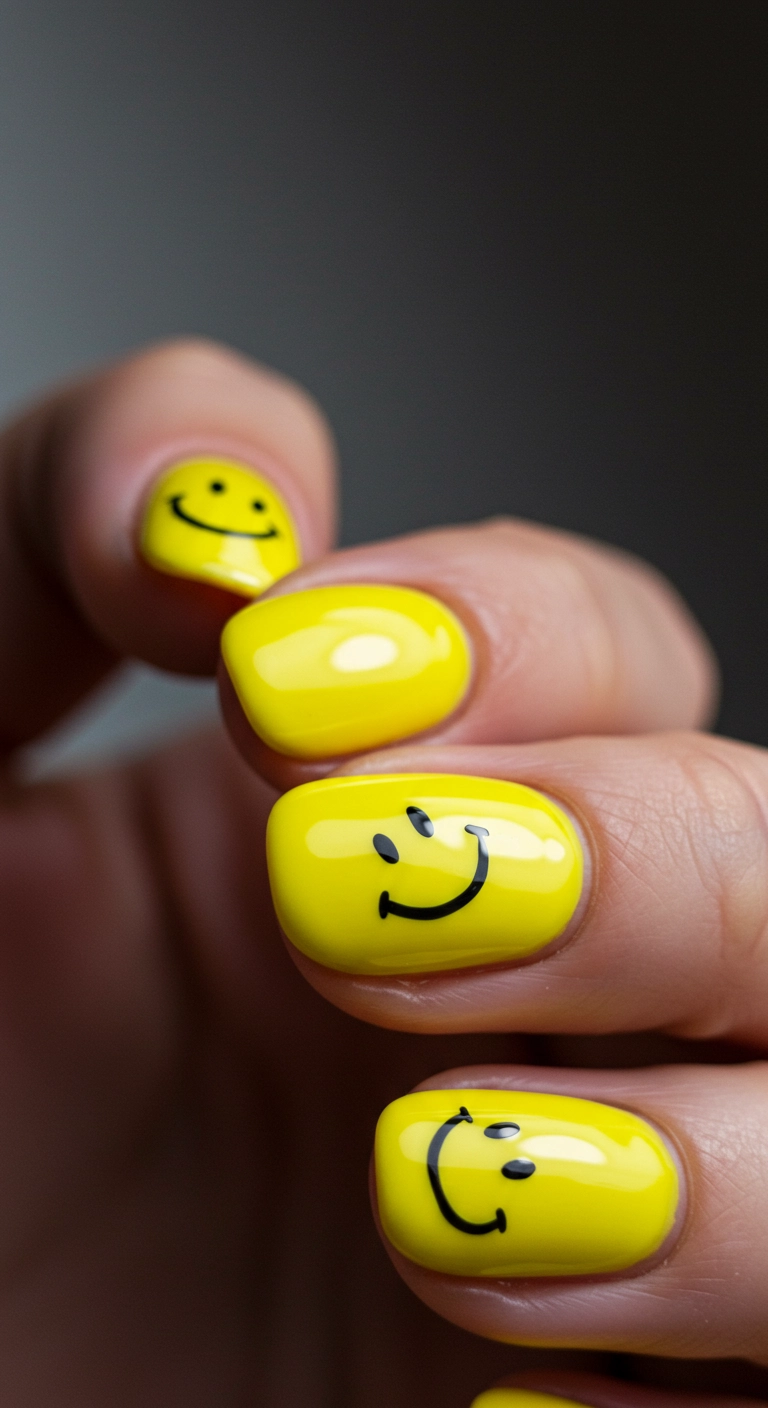 A macro shot of a bright yellow nail with a simple, '90s-style smiley face.