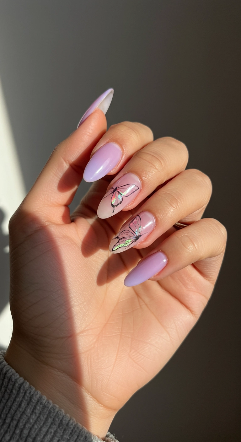 A close-up of glossy lavender jelly nails with iridescent butterfly decals.