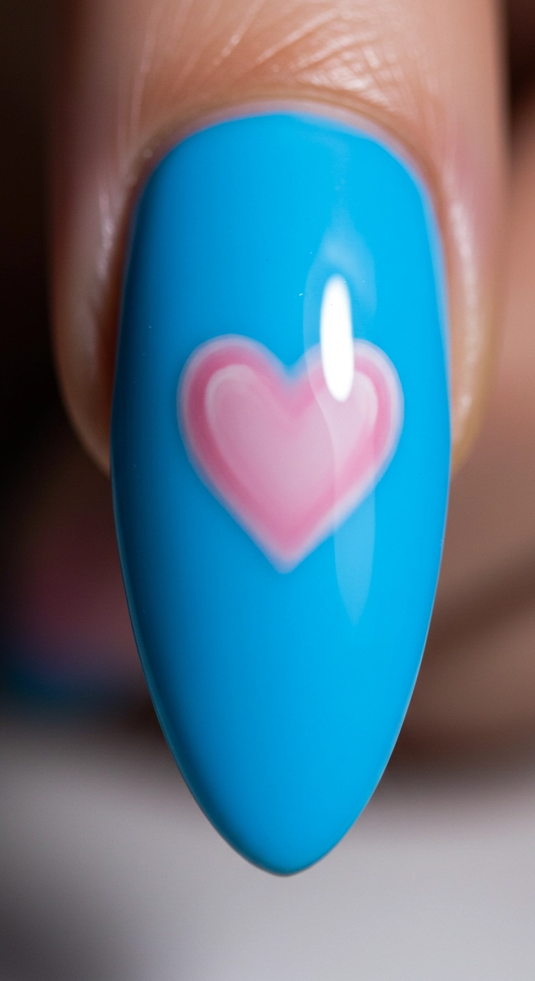A macro shot of a blue nail with a soft, airbrushed-style pink aura heart.