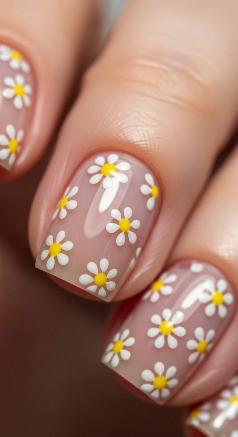 A macro shot of a sheer nude nail with tiny, hand-painted white and yellow daisies.