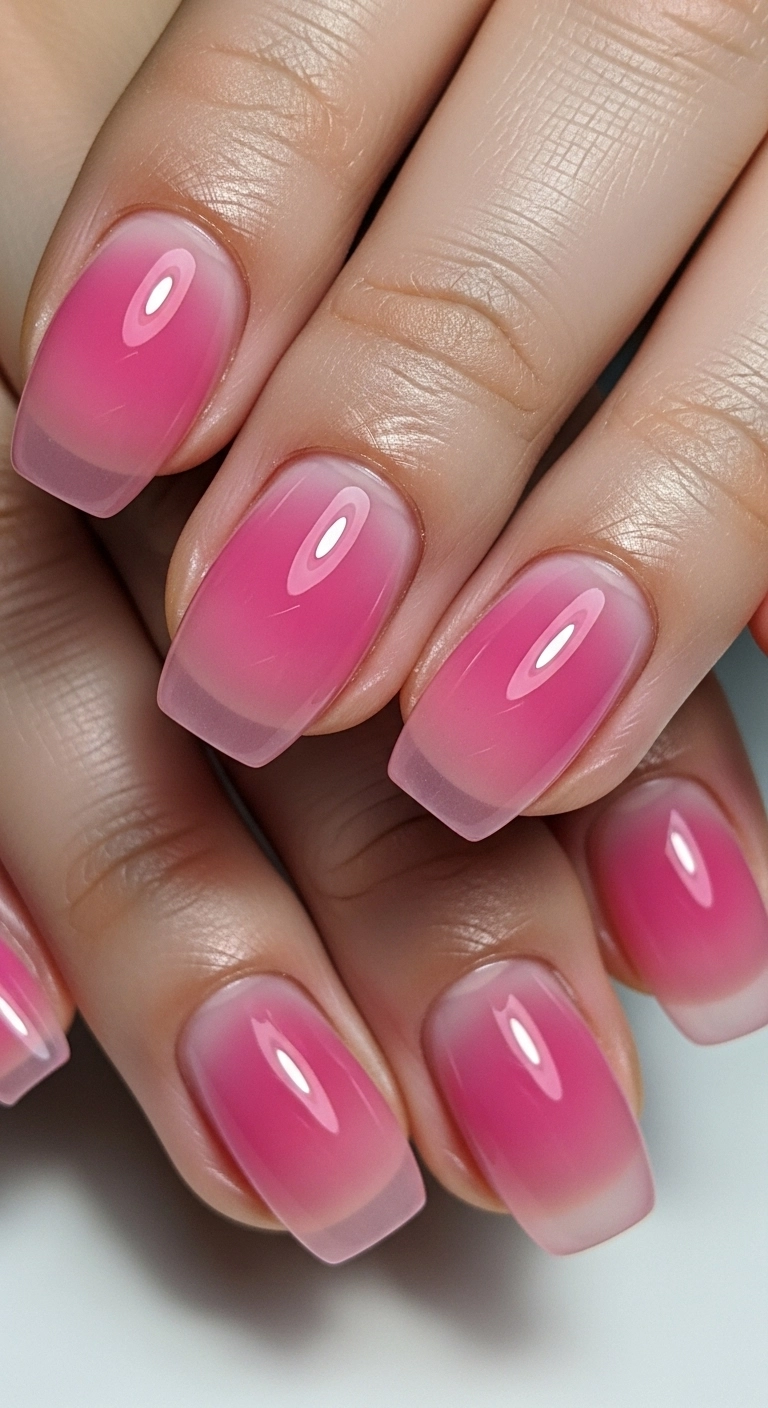 A macro shot of rounded nails with a sheer, translucent, high-gloss 