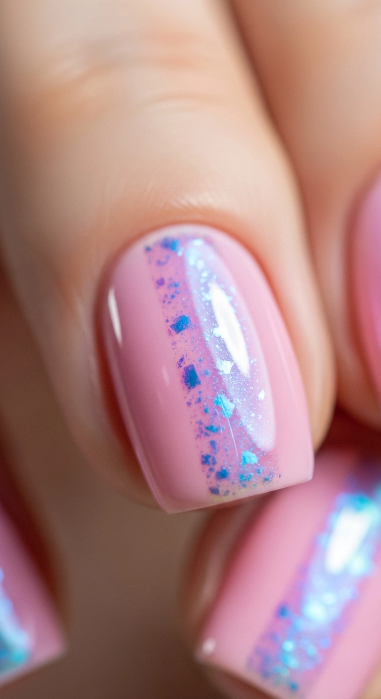 A macro shot of a pink nail with a shimmery, iridescent 