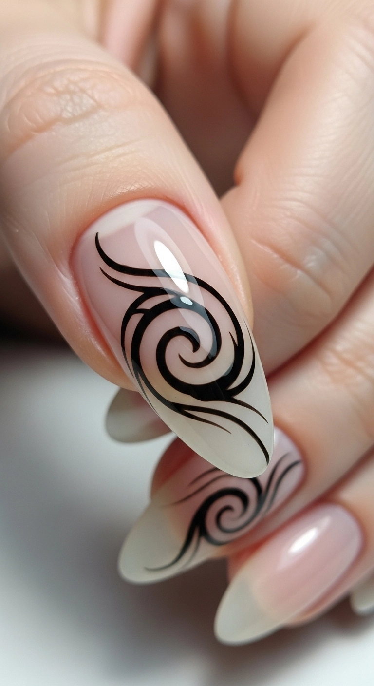 A macro shot of a nude almond nail with a single, minimalist, black tribal swirl accent.