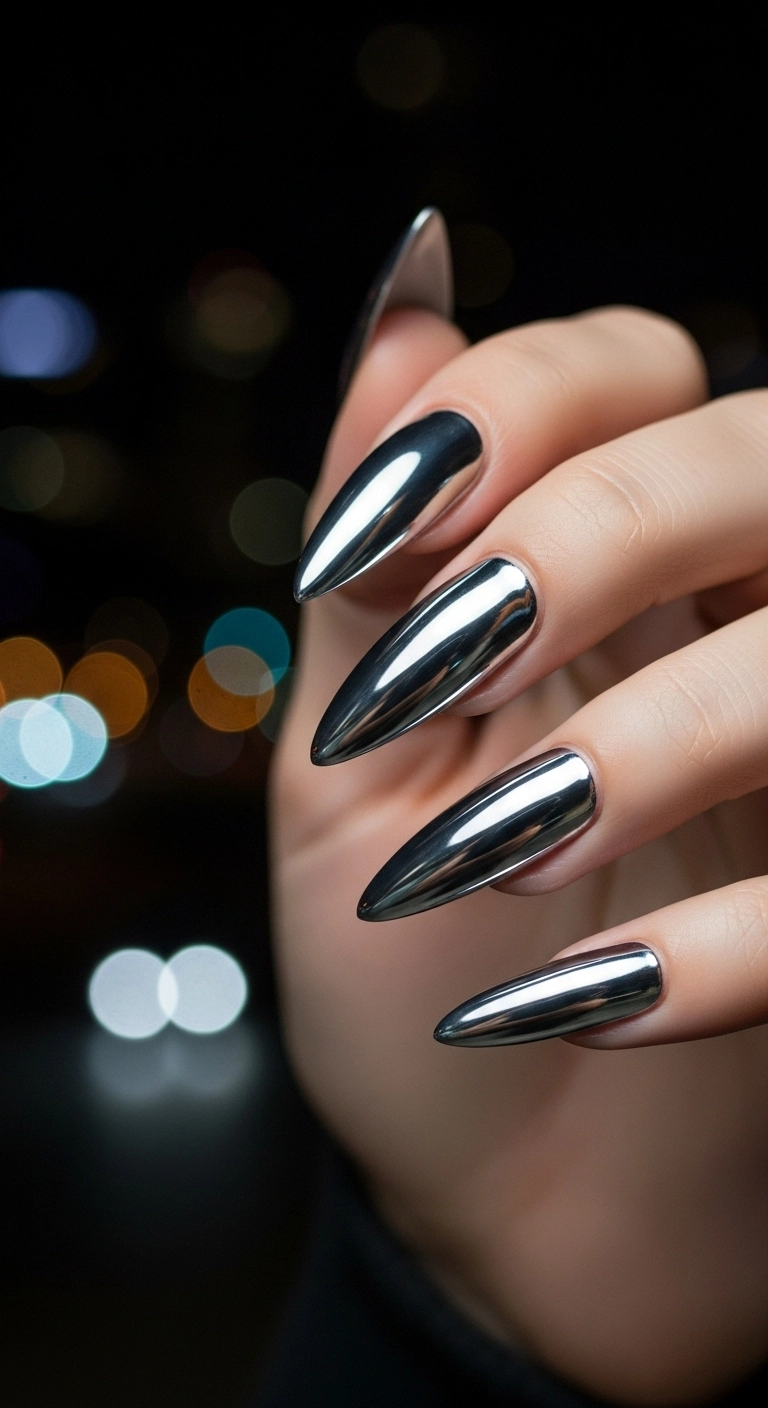 A hand with long stiletto nails covered in a highly reflective, liquid-silver mirror chrome finish.