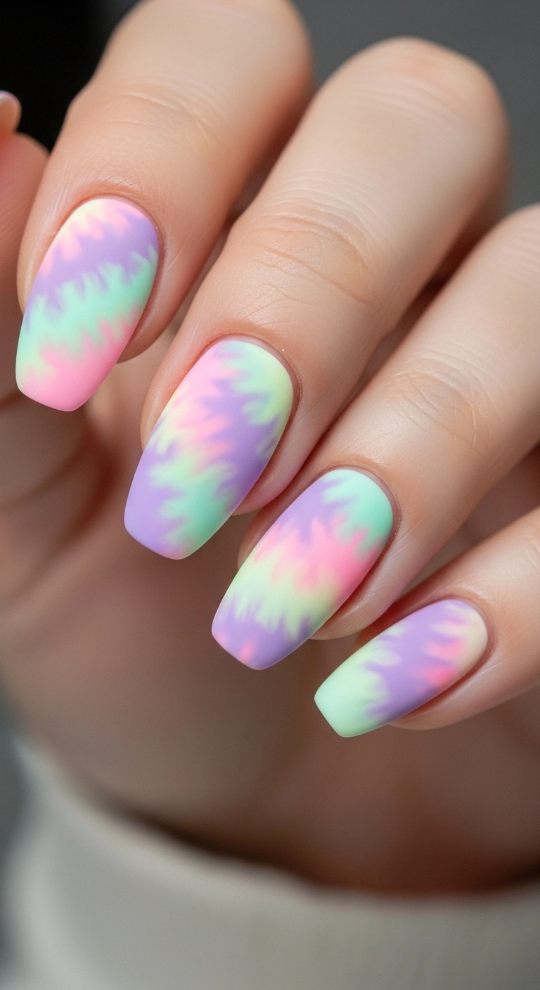A macro shot of a matte, pastel pink, lavender, and mint tie-dye swirl nail.
