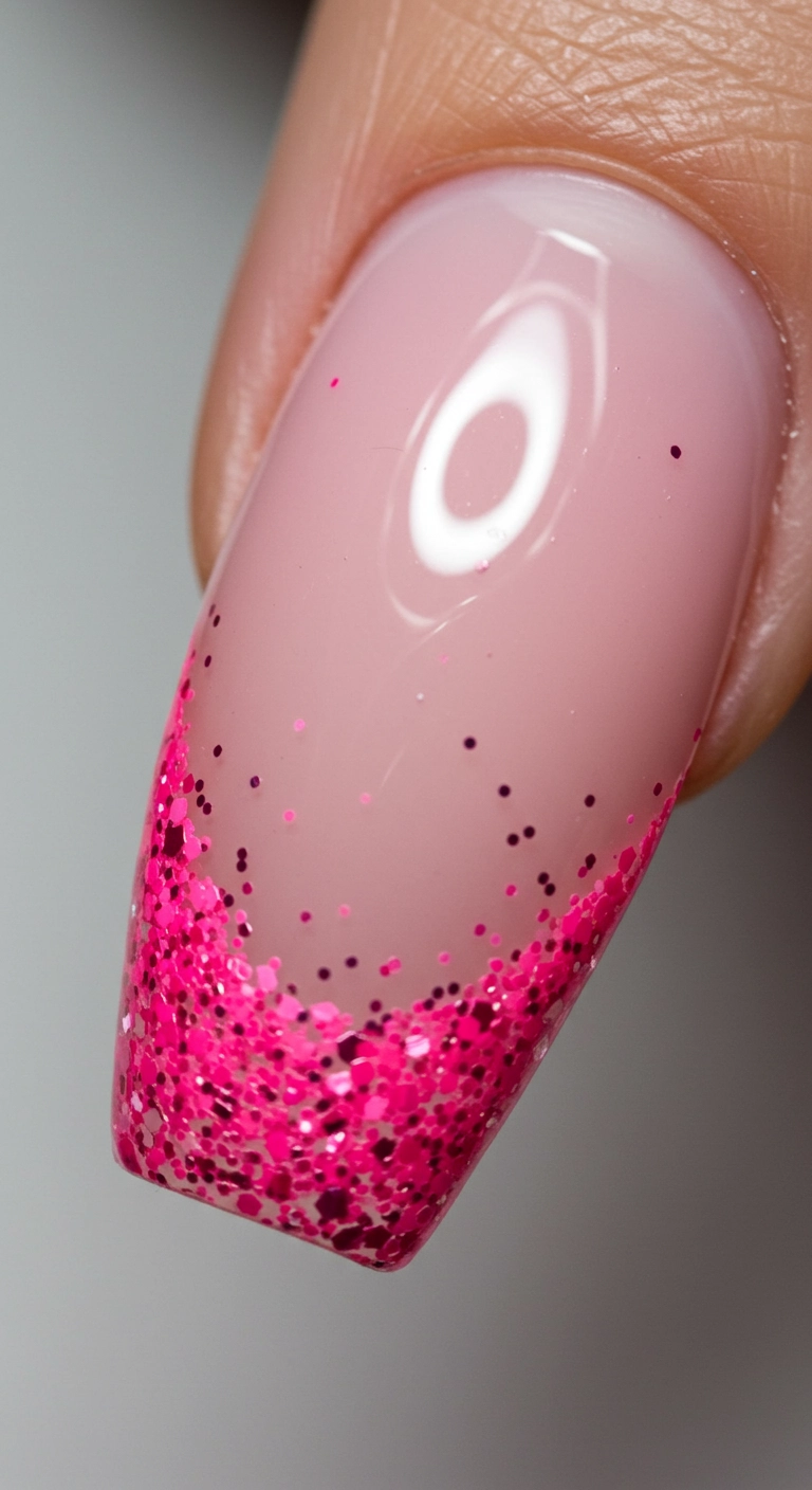 A macro shot of a squoval nail with a sheer pink base and a thick, neon pink glitter French tip.