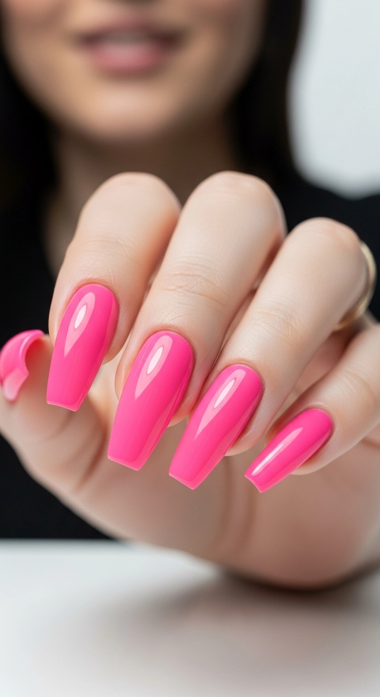 A hand with long coffin nails showing a high-gloss, bright bubblegum pink polish.