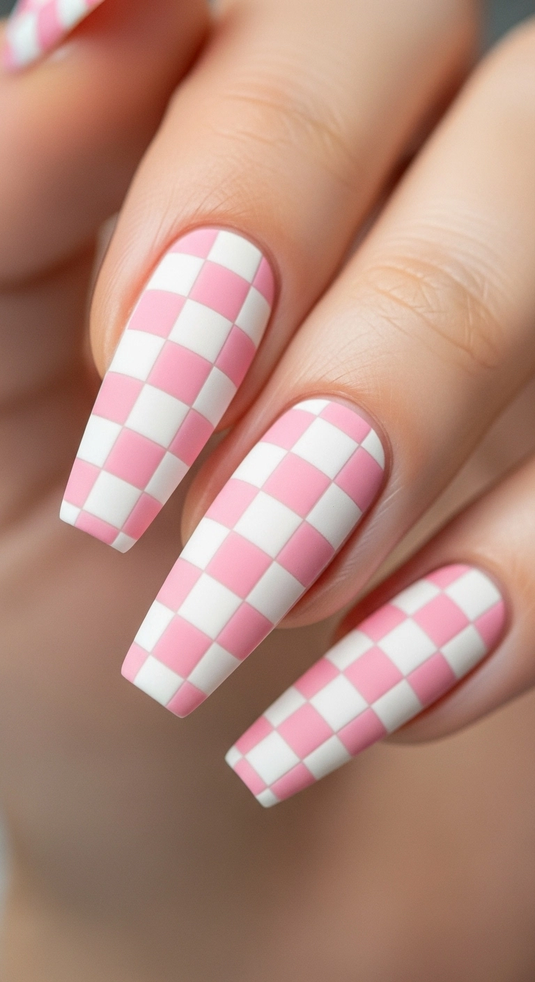 A macro shot of a matte, pastel pink and white checkerboard nail.