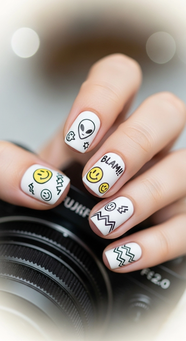 A hand with matte white nails covered in '90s-style black doodle art.